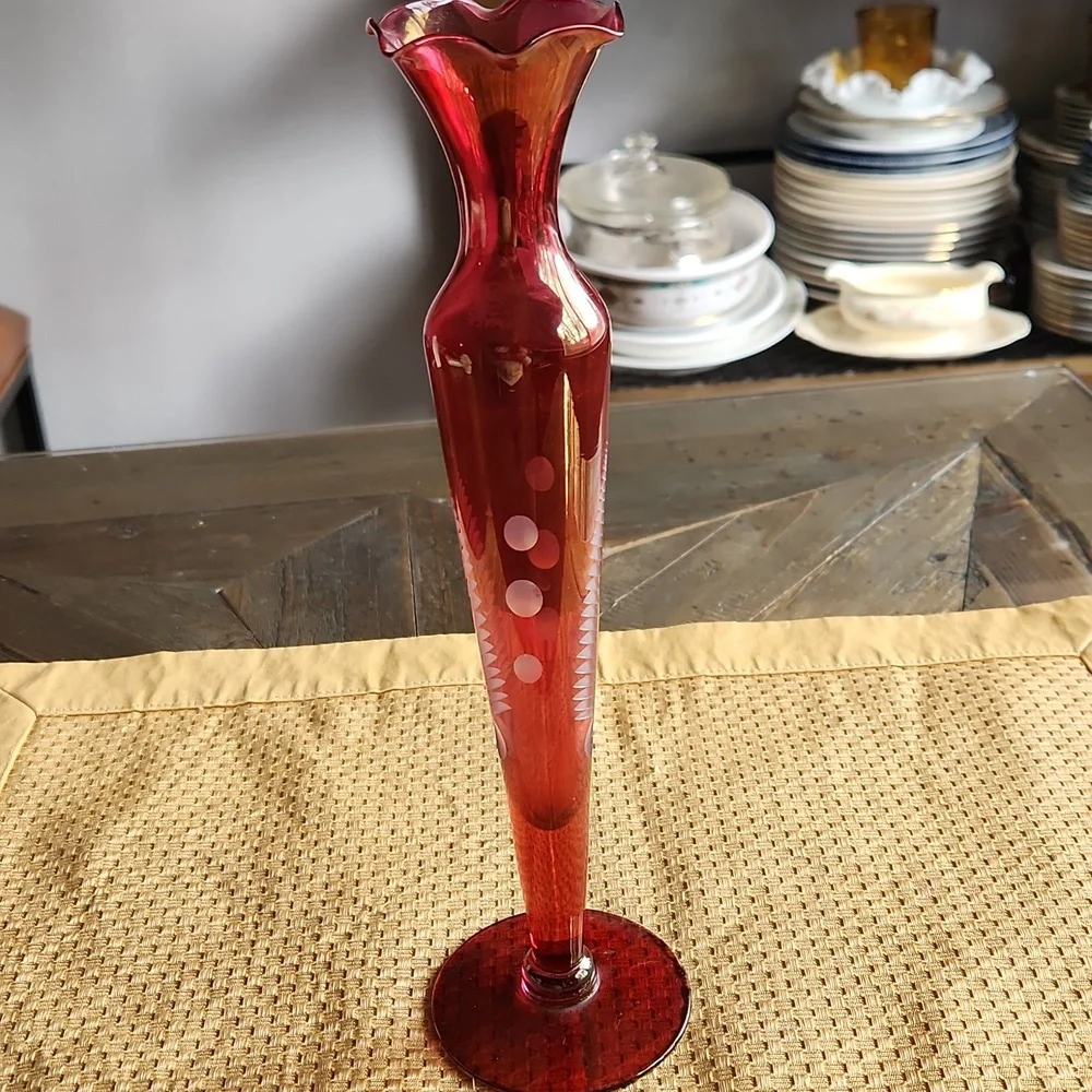 Cranberry Etched Glass Vase Mid Century Modern Fragile Collectible
